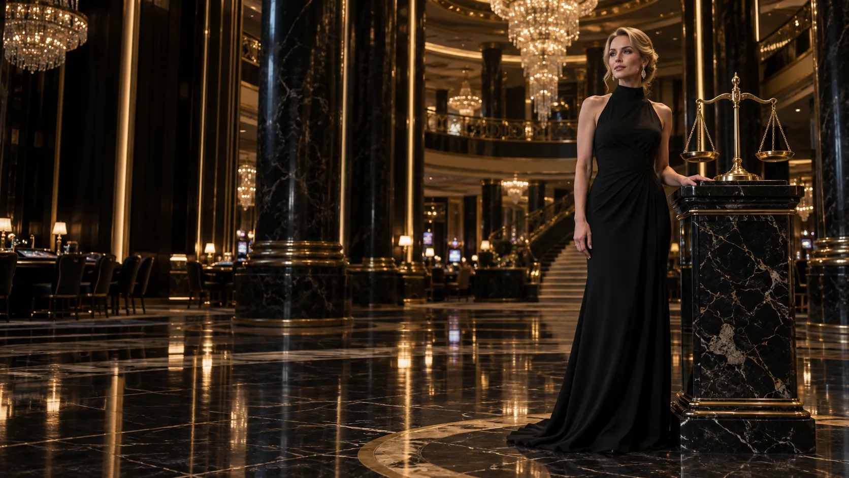 Woman beside a set of balanced brass scales in a crystal-lit atrium