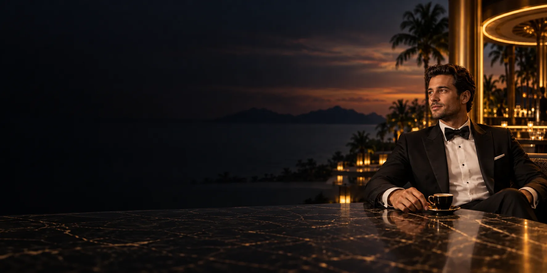 Man sitting calmly with an espresso in a tropical resort casino