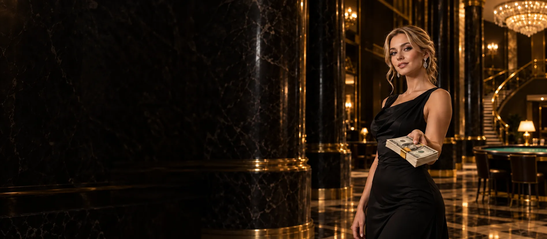 Woman holding a clipped stack of banknotes in an art-deco casino foyer