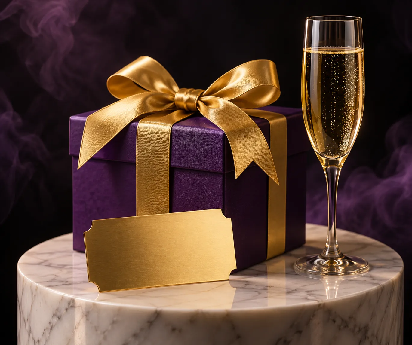 Gift box and ticket staged on a pedestal, representing the Here2Win welcome package