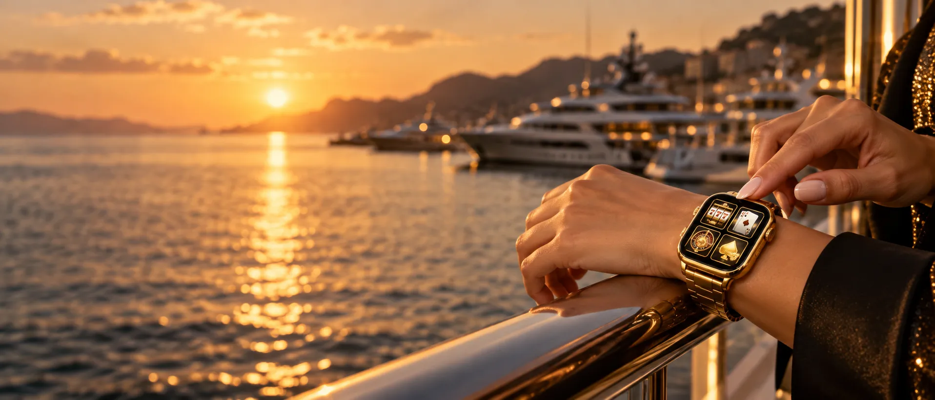 Hands tapping a gold smartwatch beside a marina of superyachts