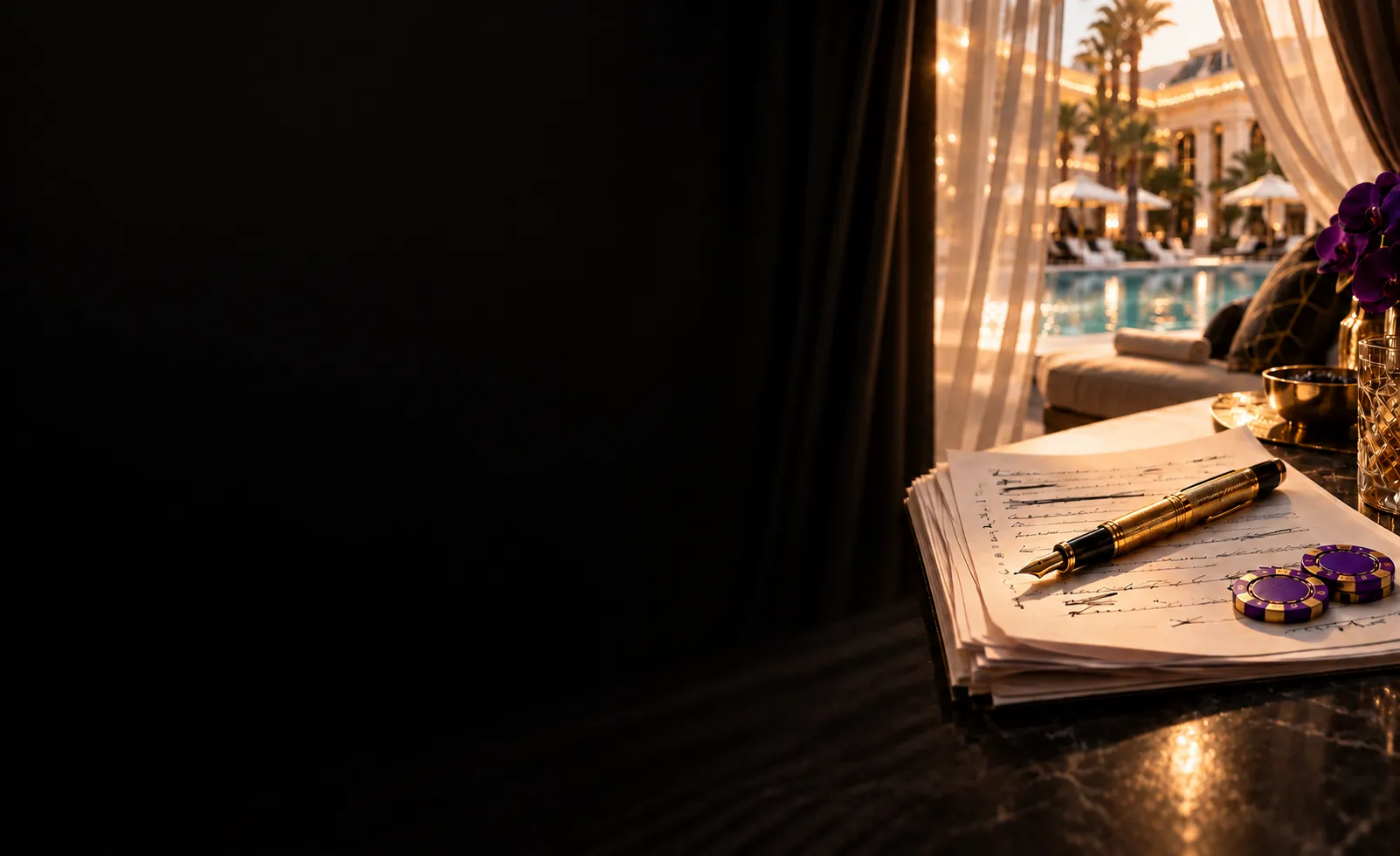 Gold fountain pen resting on edited guide pages in a poolside cabana