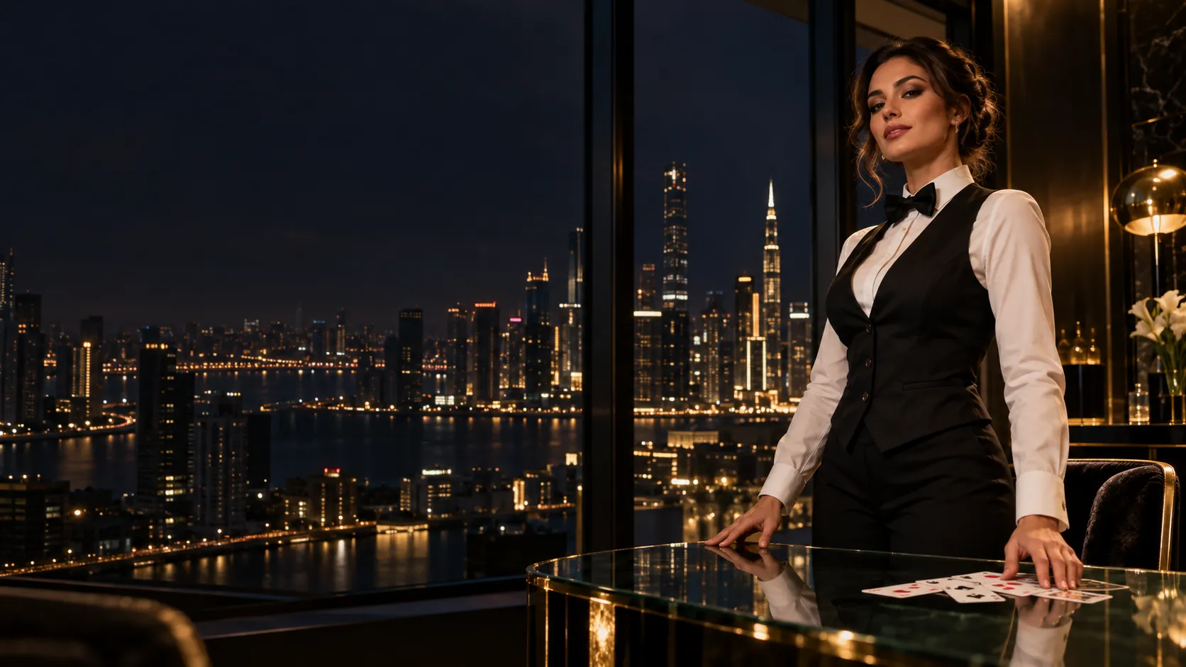 Croupier fanning playing cards in a Here2Win Casino penthouse overlooking a night skyline