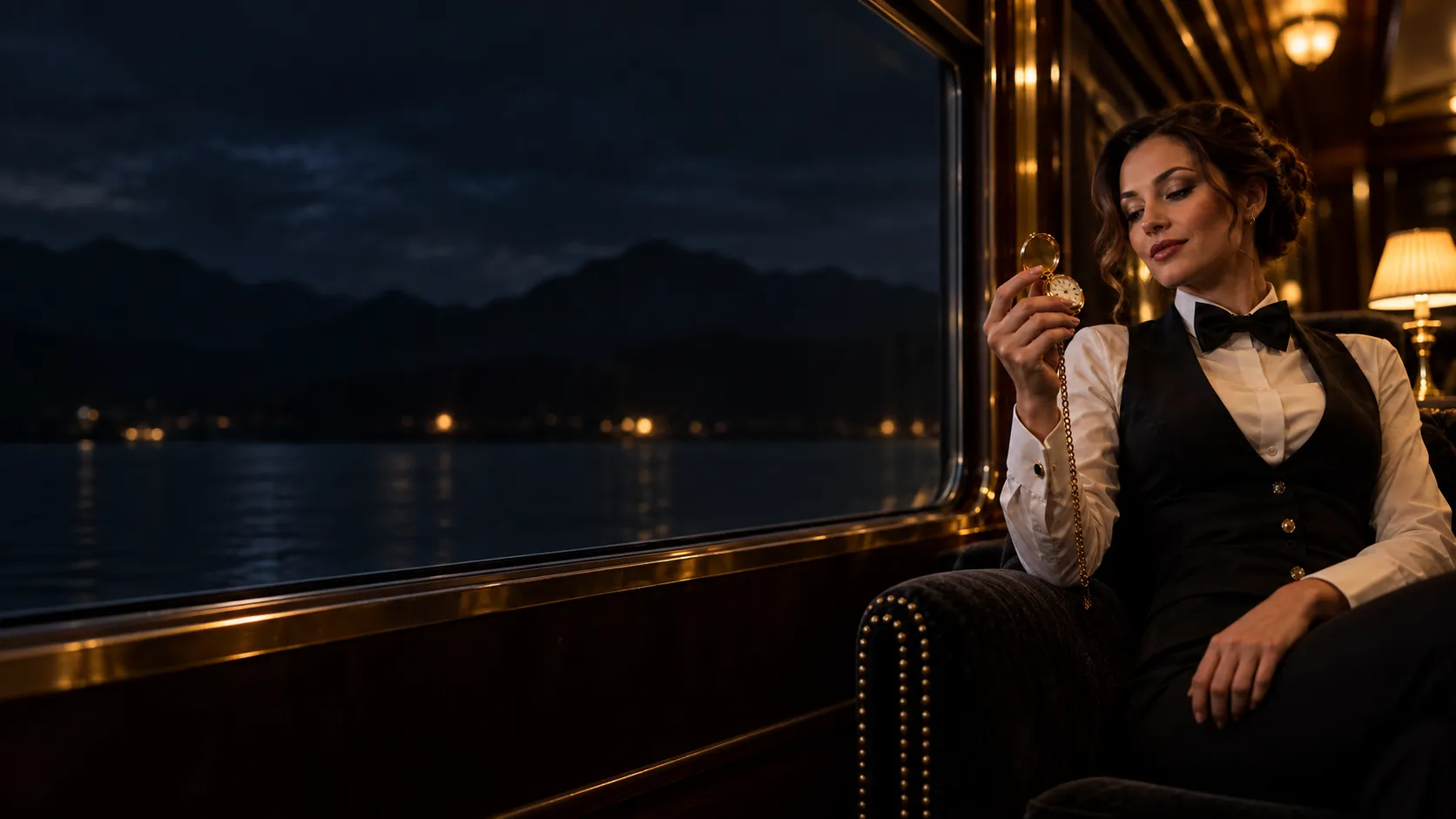 Croupier checking a gold pocket watch in a train lounge car
