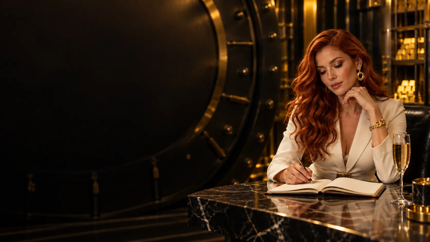 Woman reviewing a notebook beside champagne in a gold vault room