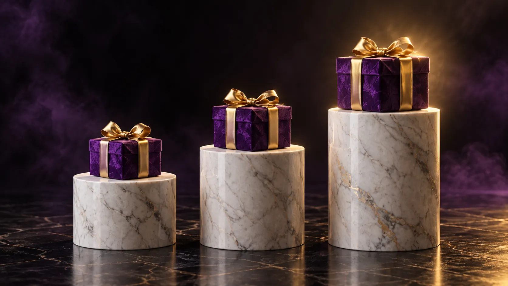 Four lit plinths representing each deposit step of the Here2Win welcome package