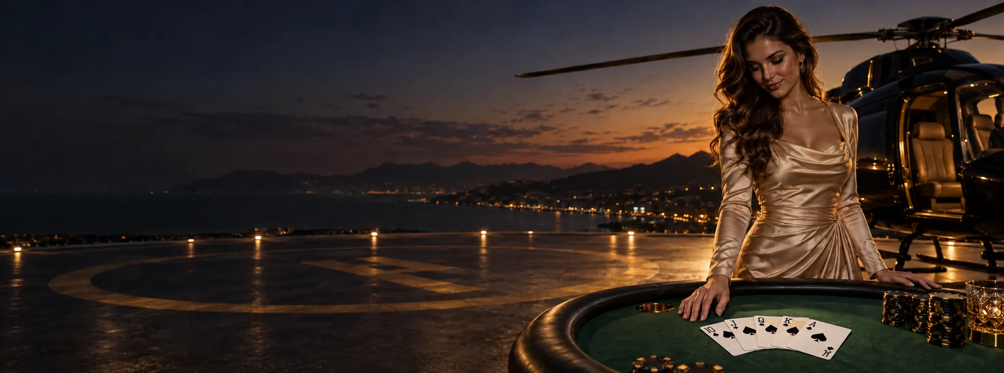 Woman beside a private helicopter with a fanned royal-flush poker hand at dusk