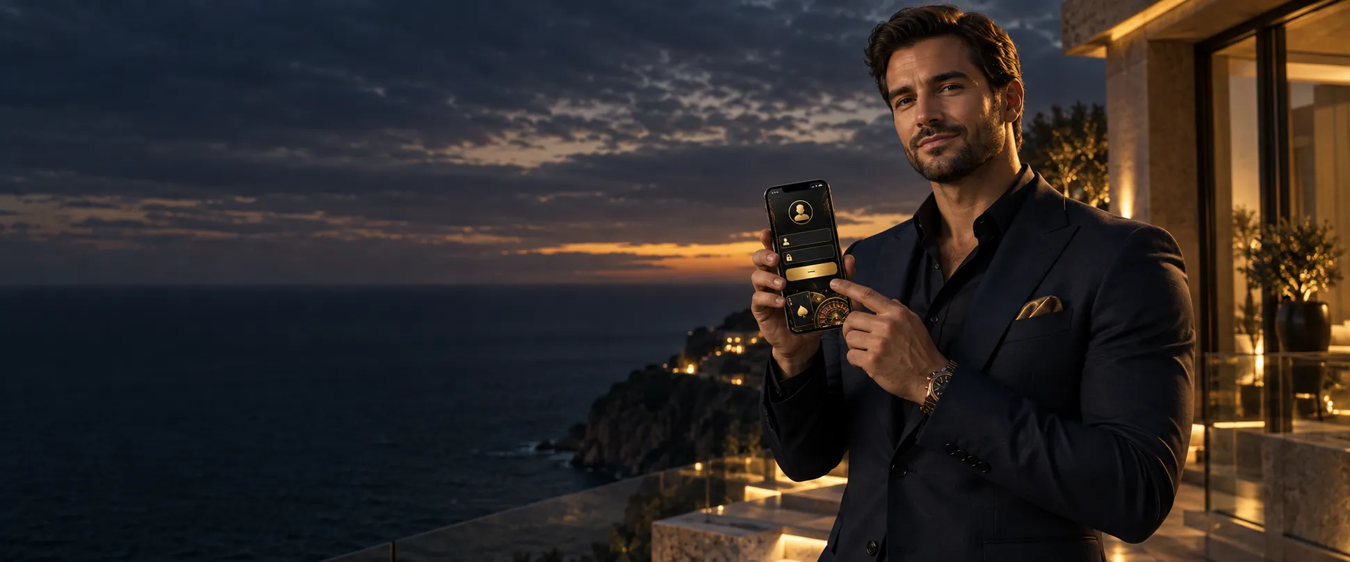 Man on a cliffside terrace holding a smartphone sign-in screen