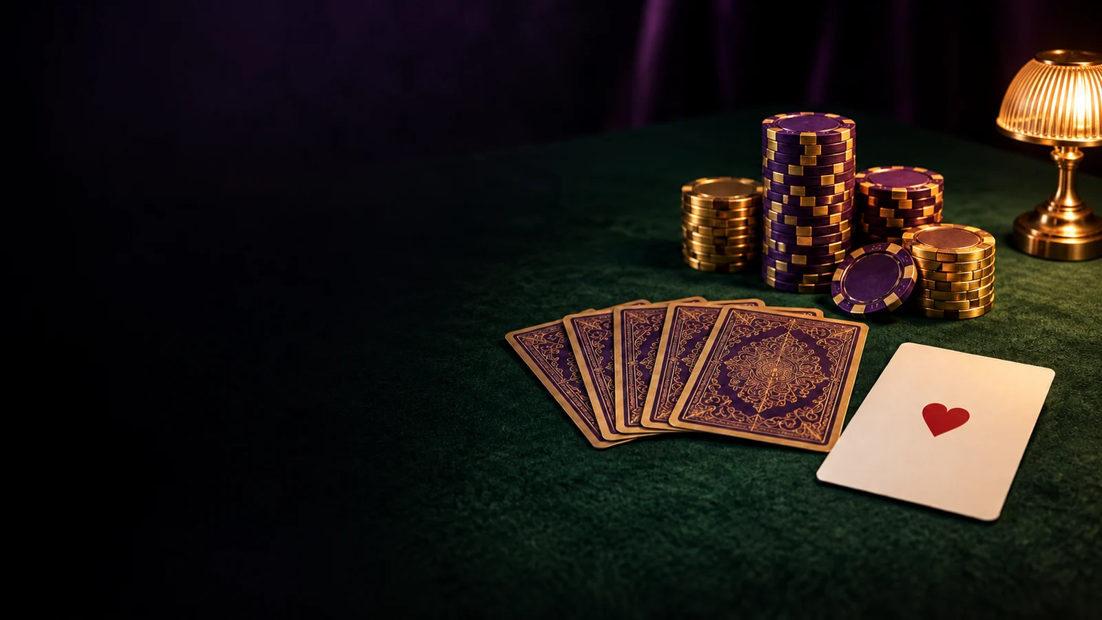 Chips and a fanned hand of playing cards on green felt