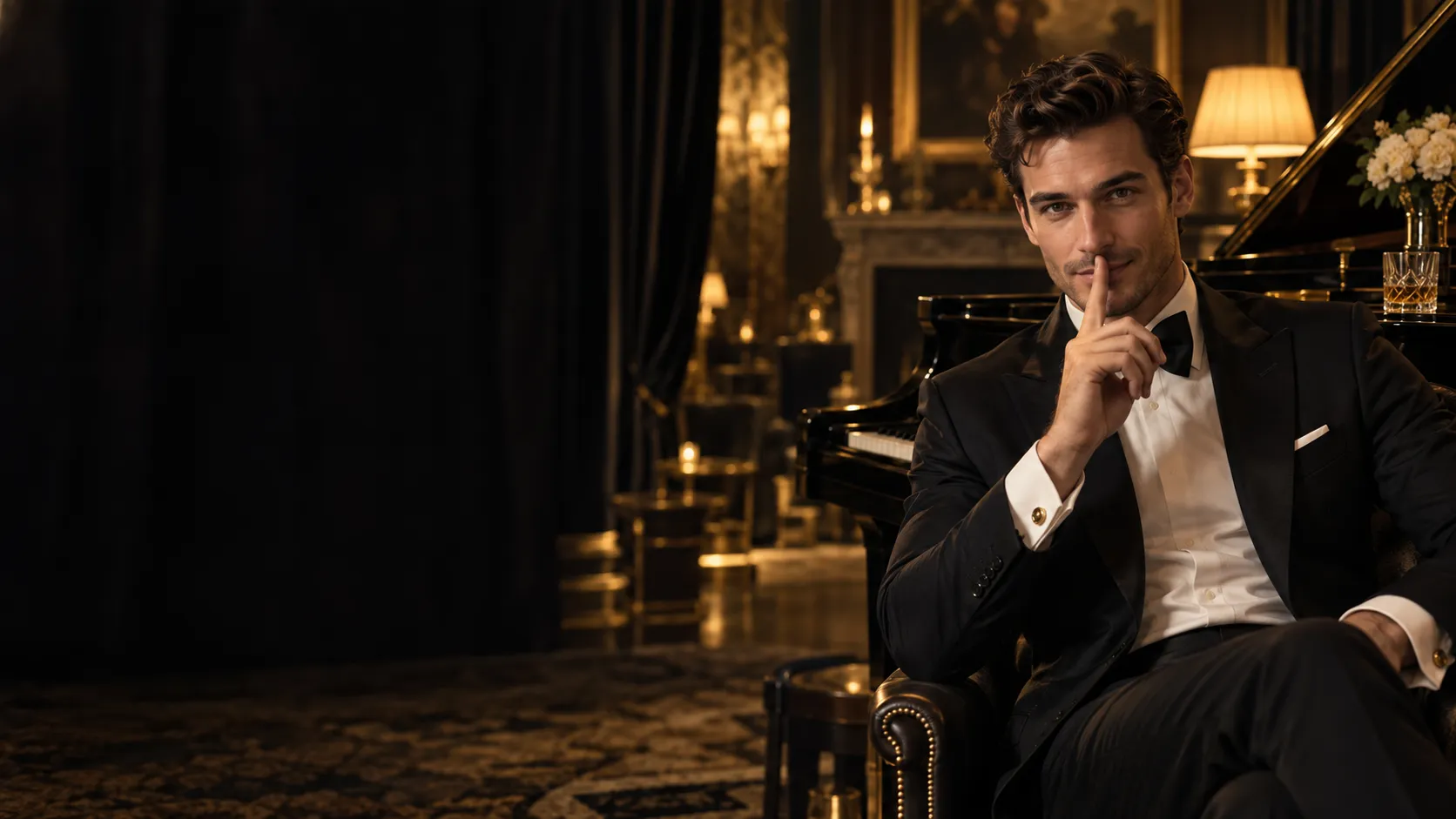 Elegant man in a tuxedo in a mansion piano lounge with a finger to his lips